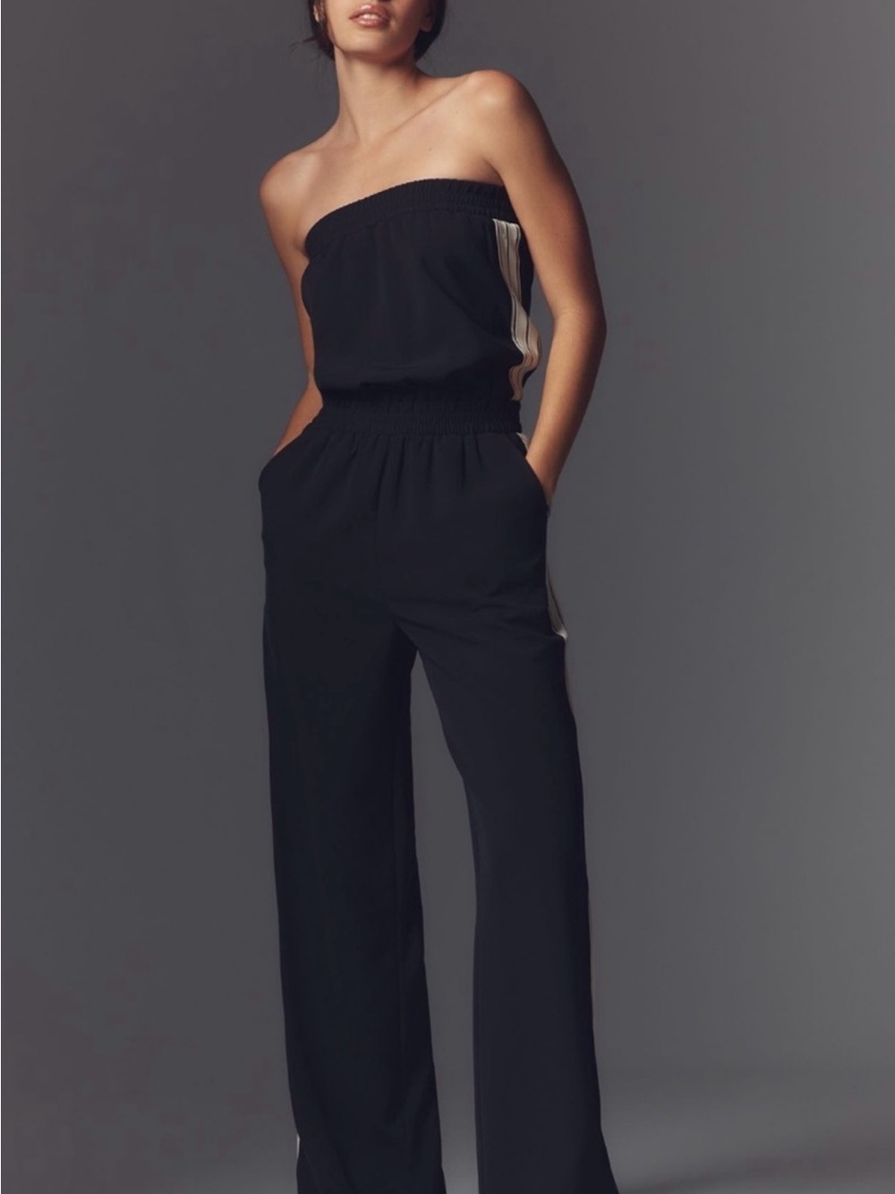 bishop + young Black Strapless Wide-Leg Jumpsuit with Cream Side Stripe